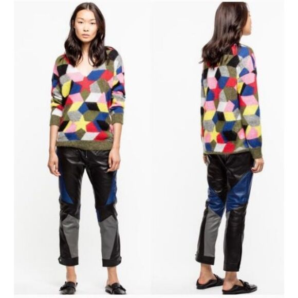 Zadig & Voltaire Diane Intarsia Mohair Sweater XS Multi Fuzzy Knit Pullover Cozy - Picture 1 of 9